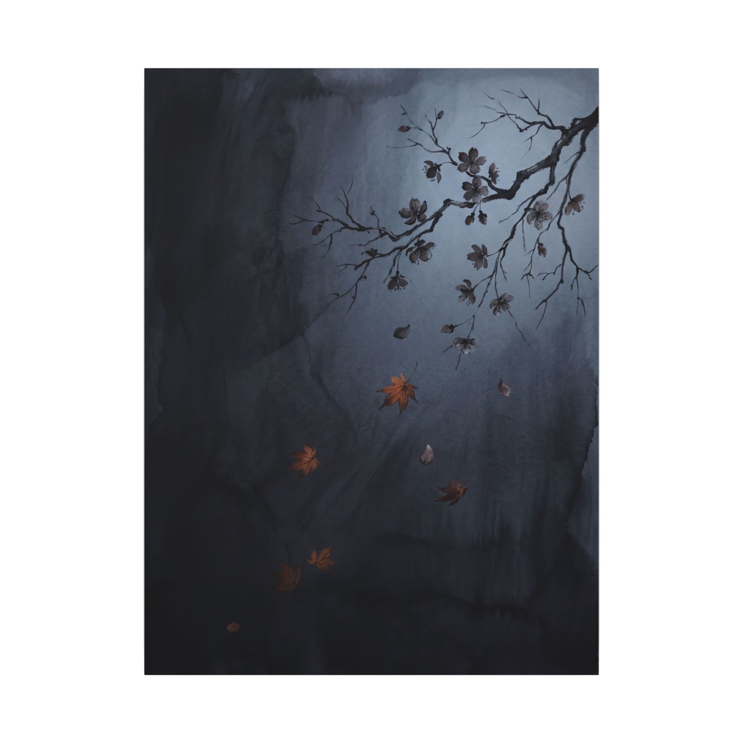 Autumn Cherry Blossom Charcoal Ink Canvas Art | Atmospheric Decor