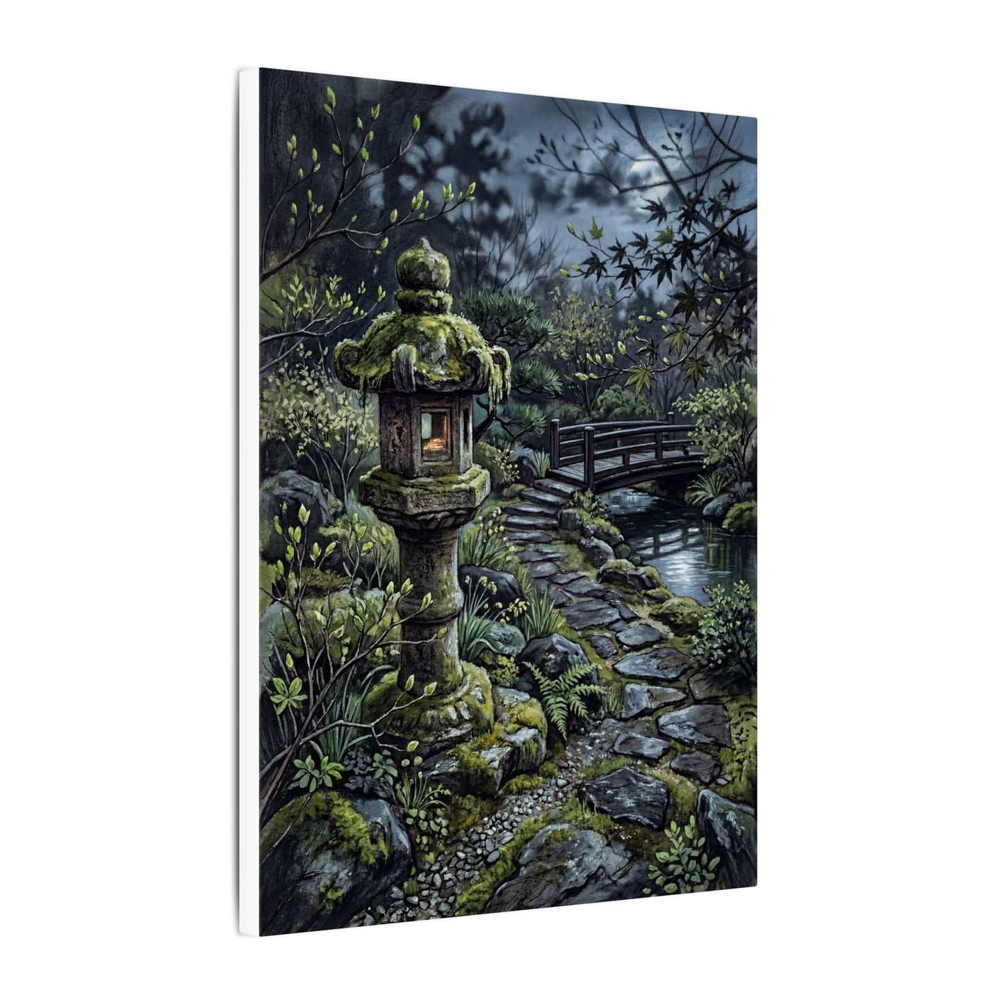 Japandi Stone Lantern in Moonlight | Texture Canvas Art