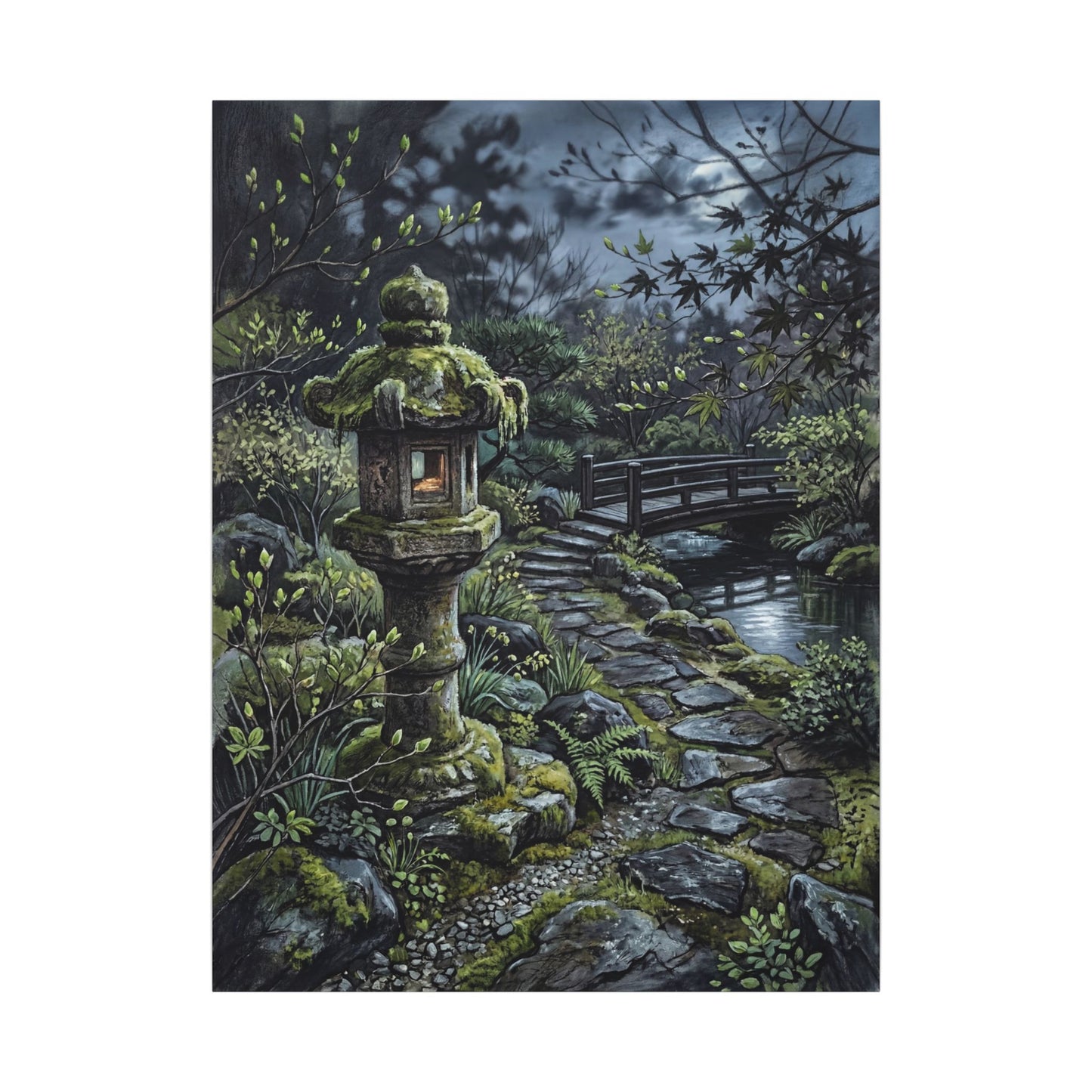 Japandi Stone Lantern in Moonlight | Texture Canvas Art