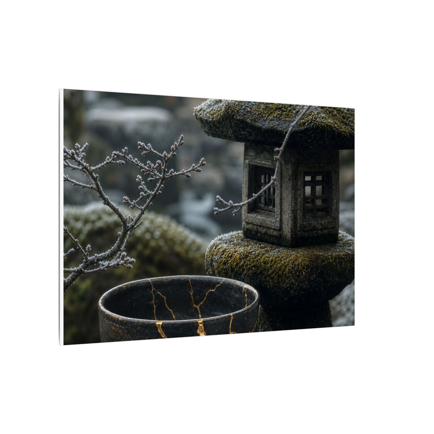 Stone Lantern Canvas Art | Winter Kintsugi Gold Repair Art