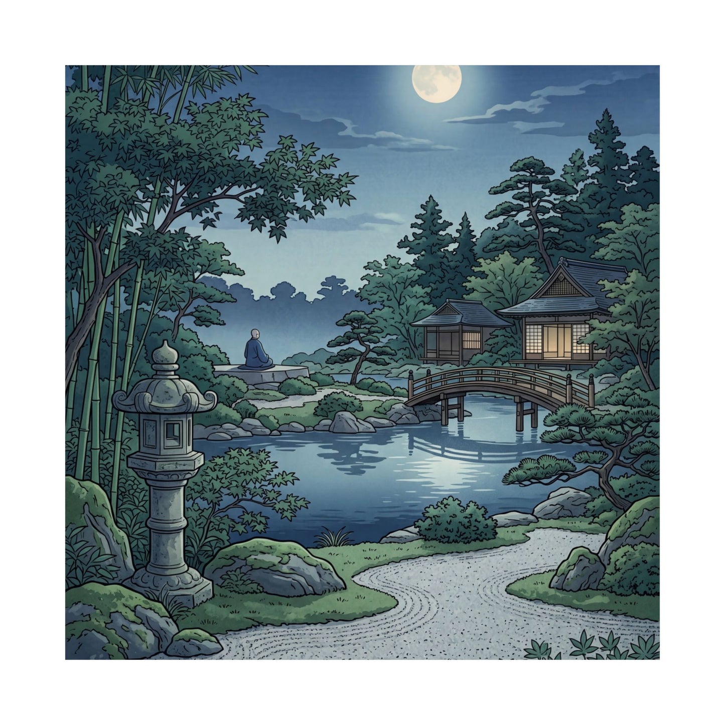 Kanso Moonlit Garden Wall Art Print - Zen Ukiyo E Inspired