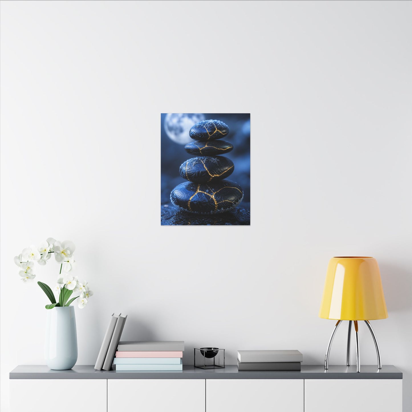 River Stones Canvas Art | Winter Kintsugi Gold Repair Art