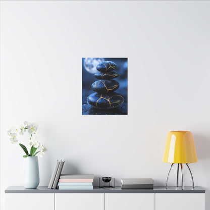 River Stones Canvas Art | Winter Kintsugi Gold Repair Art
