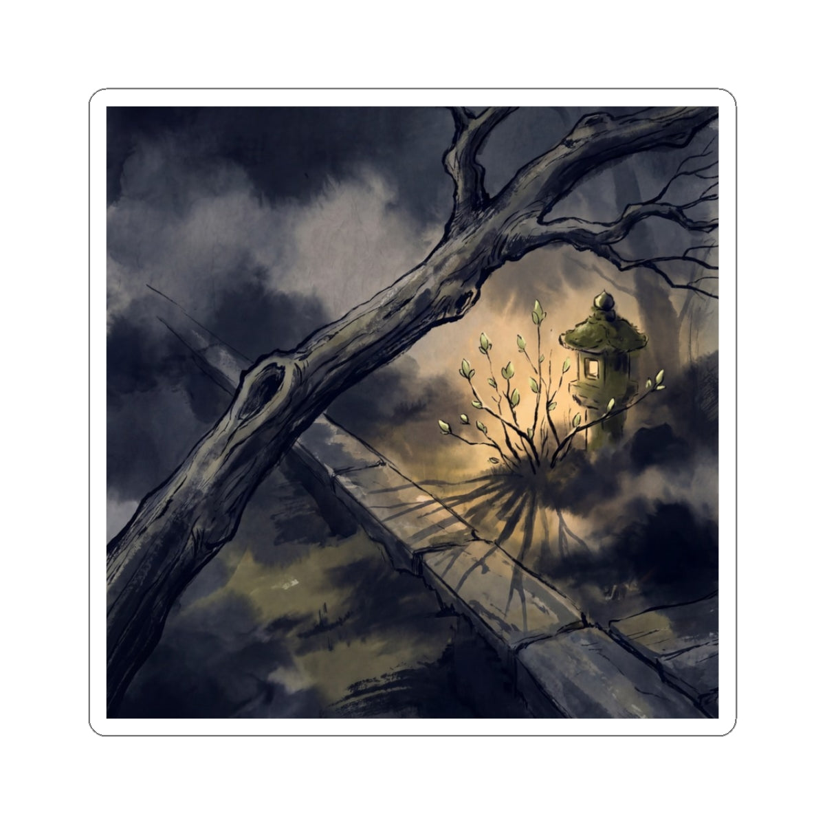 Atmospheric Moonlit Garden Sticker - Charcoal Ink Dark Japandi