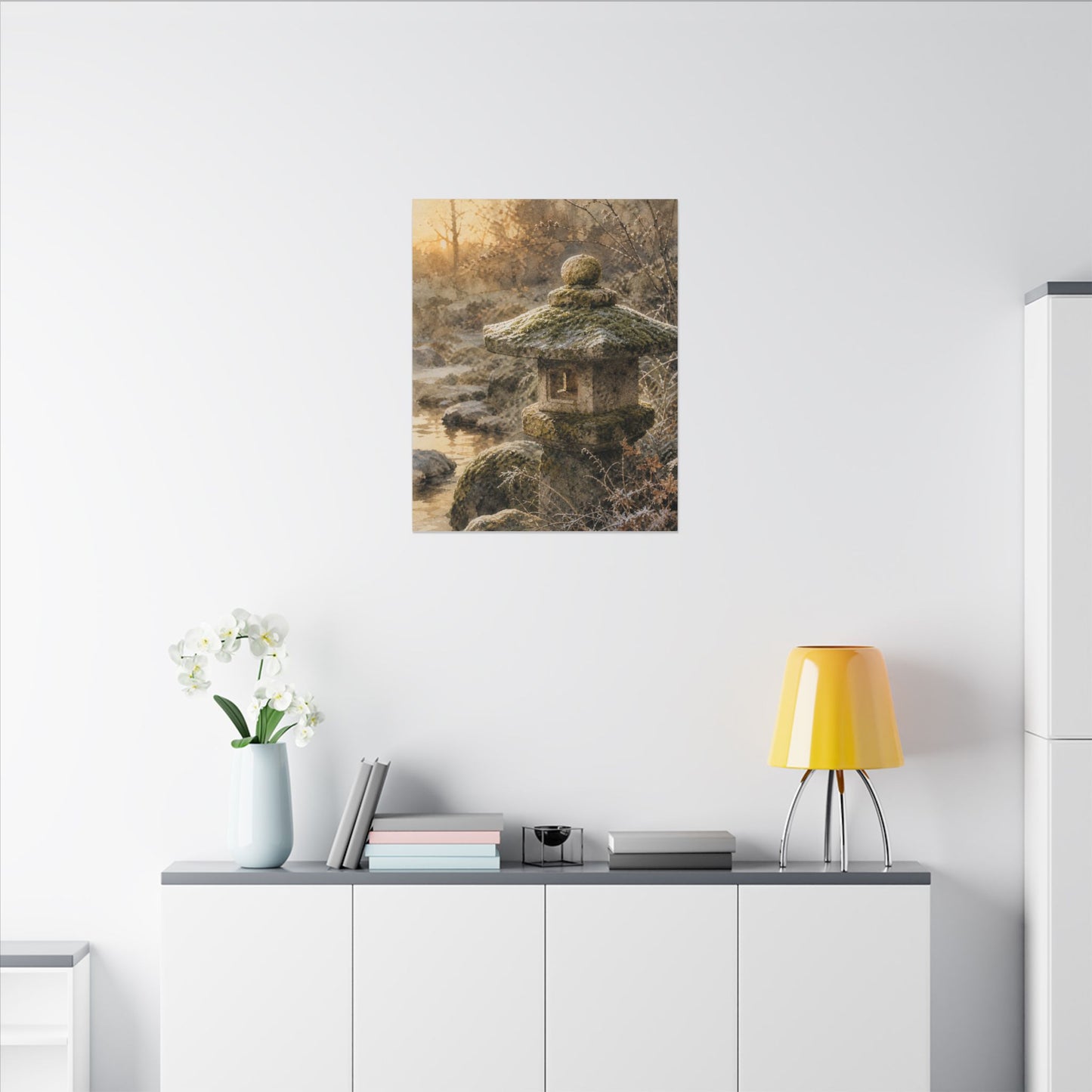 Winter Stone Lantern Watercolor Canvas Art | Earthy Decor
