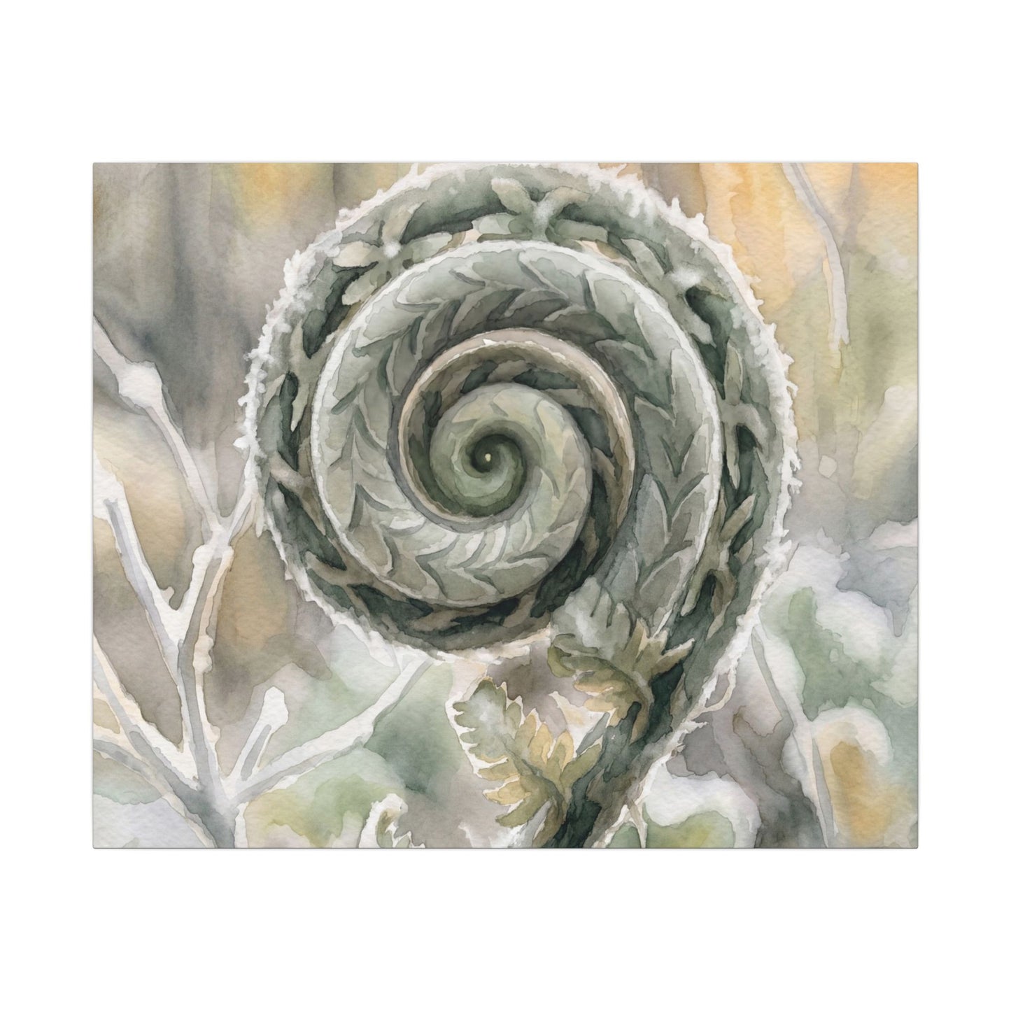 Winter Fern Unfurling Watercolor Canvas Art | Cozy Decor