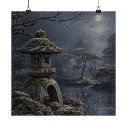 Winter Stone Lantern Japanese Pattern Wall Art Print | Earthy Decor