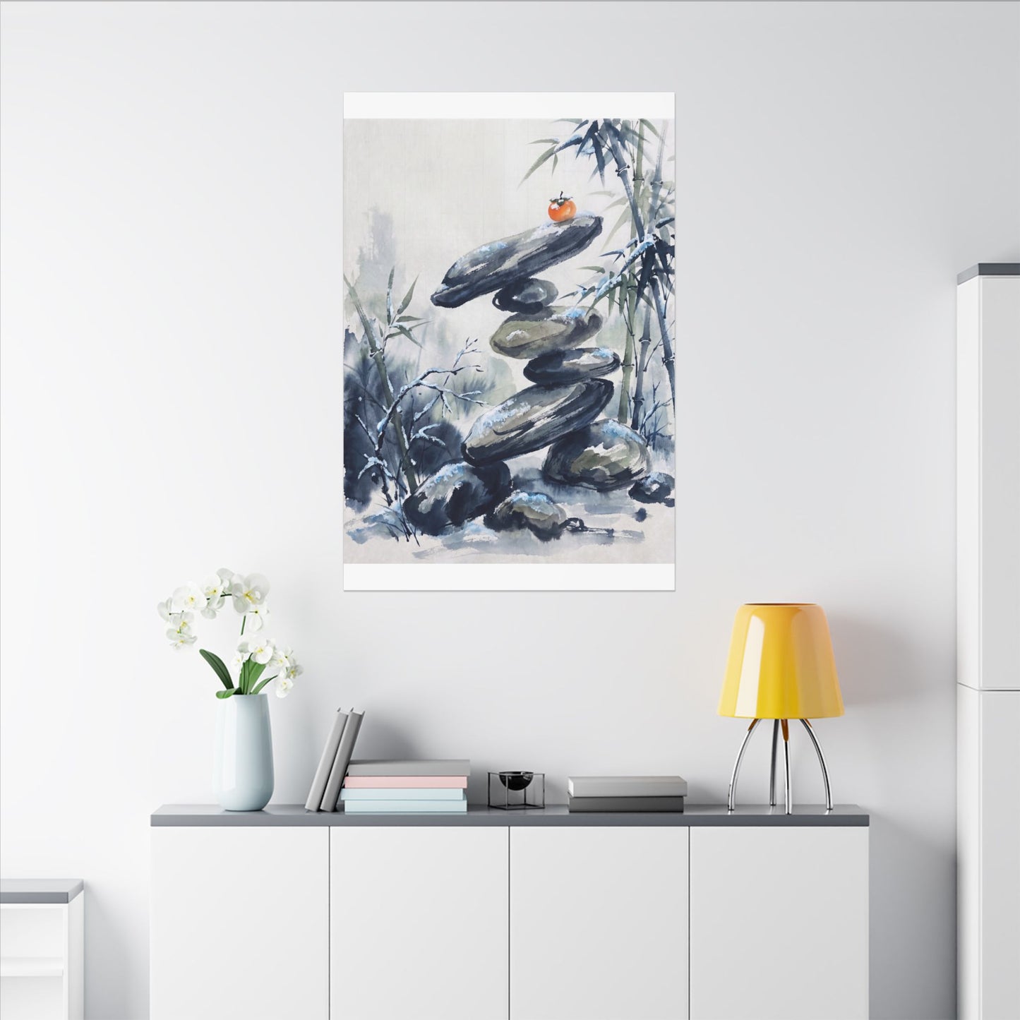 Zen River Stones in Moonlight | Sumi E Canvas Art