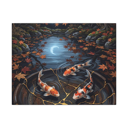 Koi Pond Canvas Art | Autumn Kintsugi Gold Repair Art