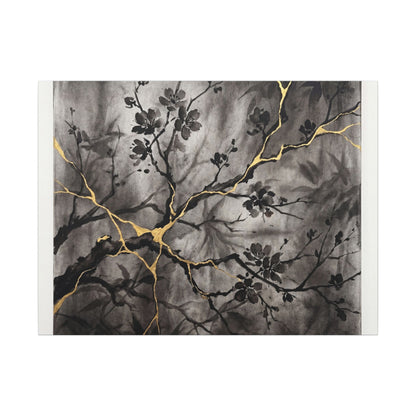 Kanso Cherry Blossom Canvas Art - Kintsugi Crackle Gold Art Print