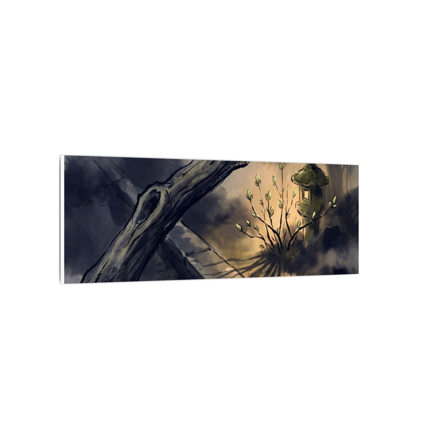 Dark Japandi Moonlit Garden in Golden Hour | Charcoal Ink Canvas Art