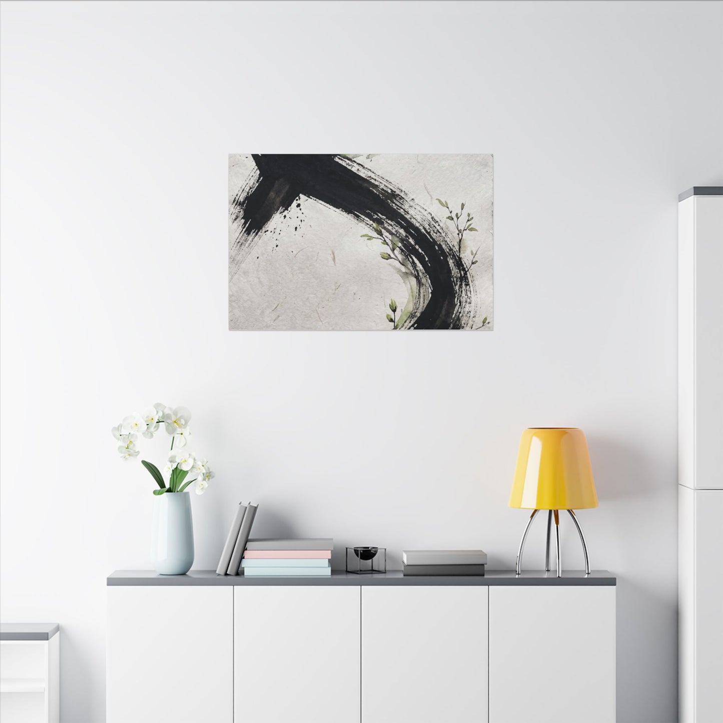 Ink Brushstroke Spring Canvas Art | Dark Japandi Sophisticated Design
