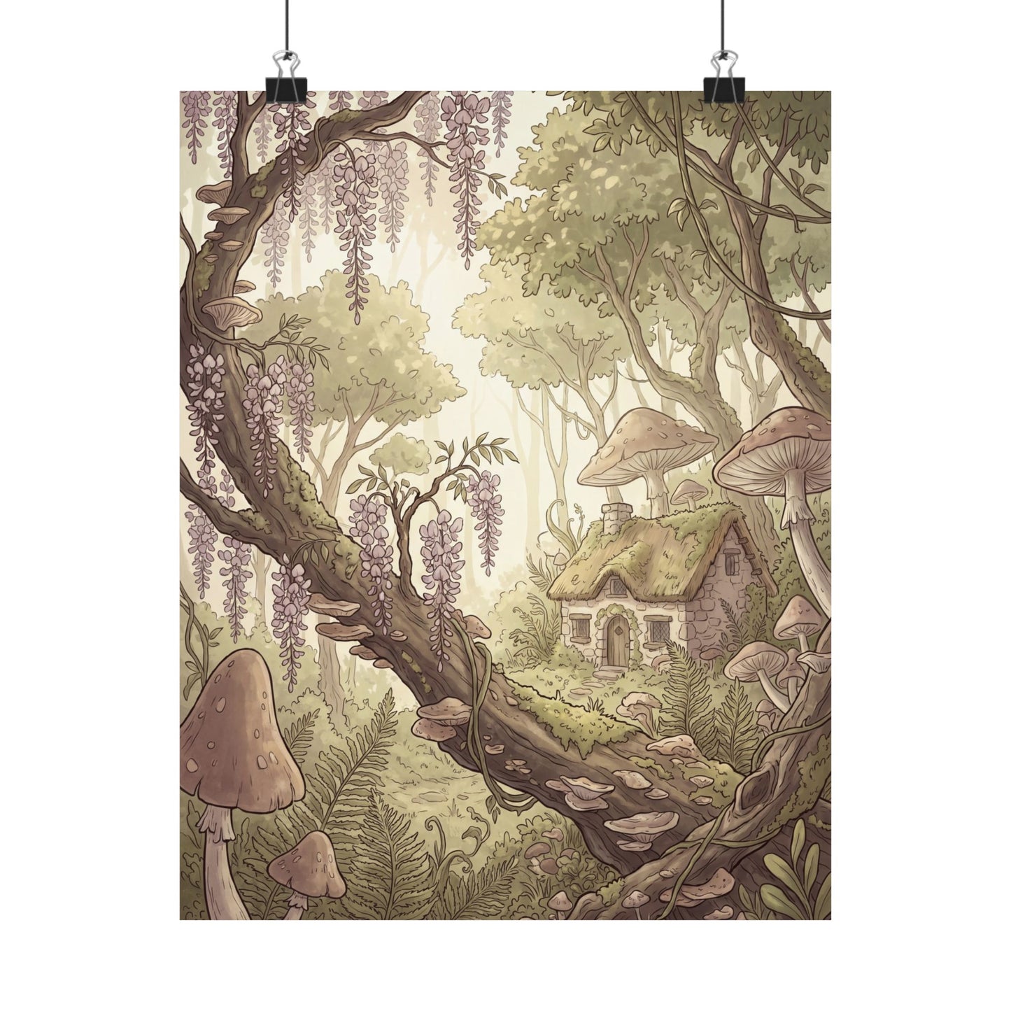 Summer Wisteria Mushroom Illustration Wall Art Print | Rustic Decor Art Print