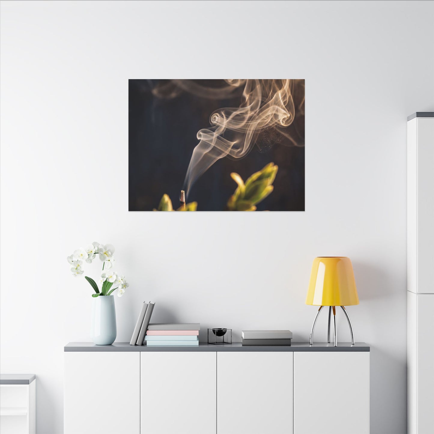 Incense Smoke Spring Canvas Art | Dark Japandi Atmospheric Design