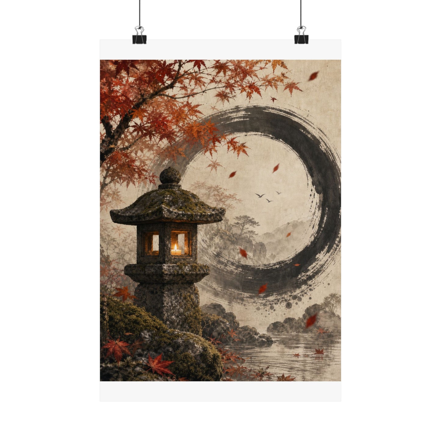 Autumn Stone Lantern Enso Wall Art Print | Serene Decor