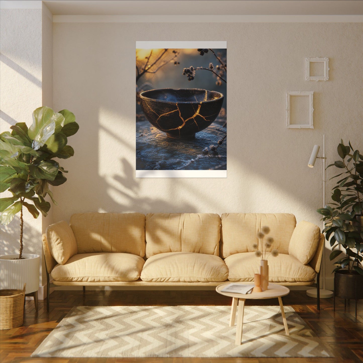 Ceramic Bowl Canvas Art | Winter Kintsugi Gold Repair Art