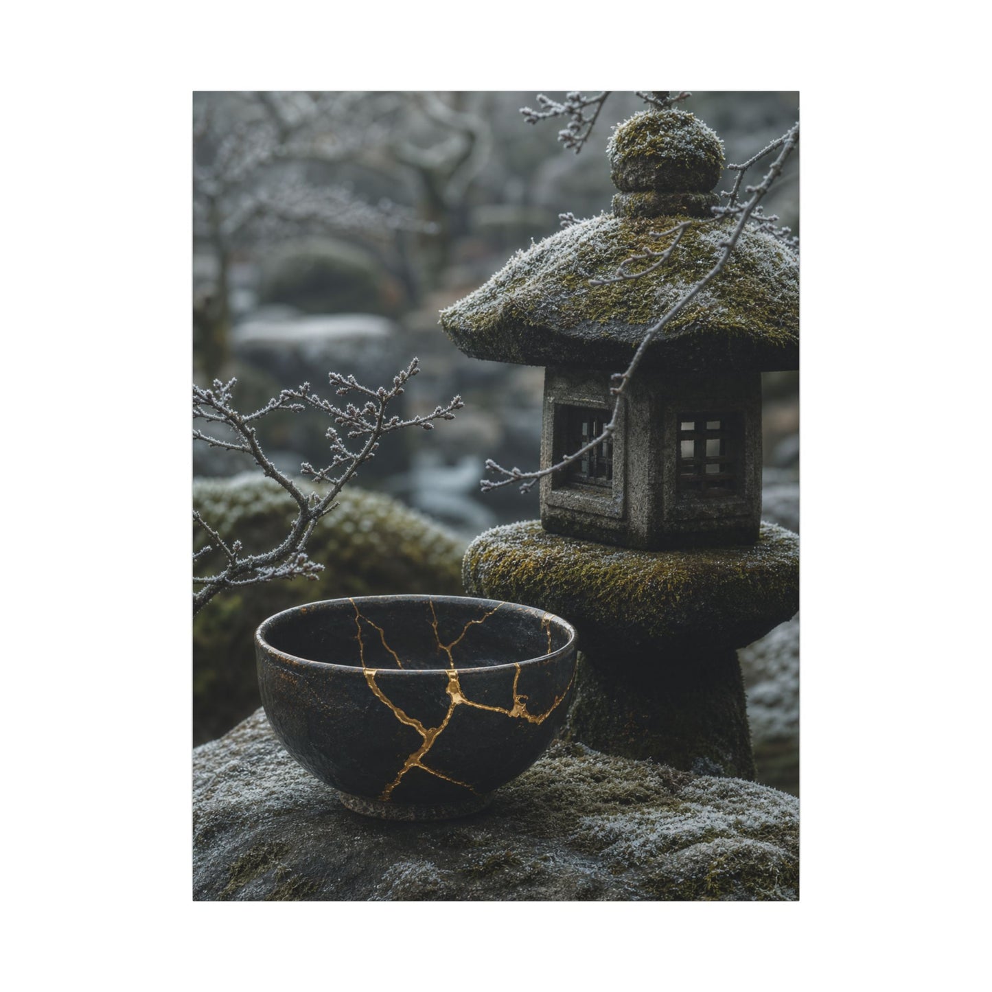 Stone Lantern Canvas Art | Winter Kintsugi Gold Repair Art