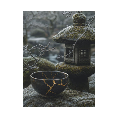 Stone Lantern Canvas Art | Winter Kintsugi Gold Repair Art