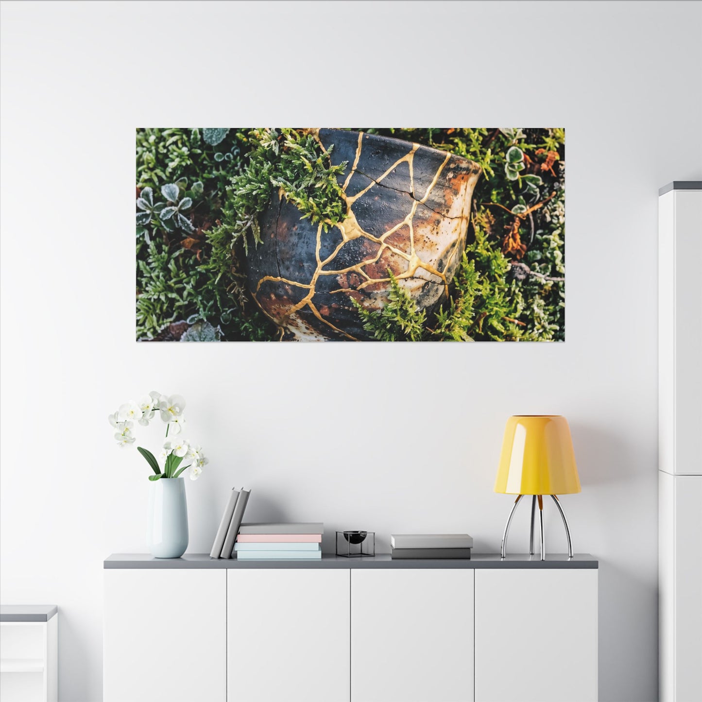 Artful Moss Close Up Canvas Art - Gold Repair Kintsugi