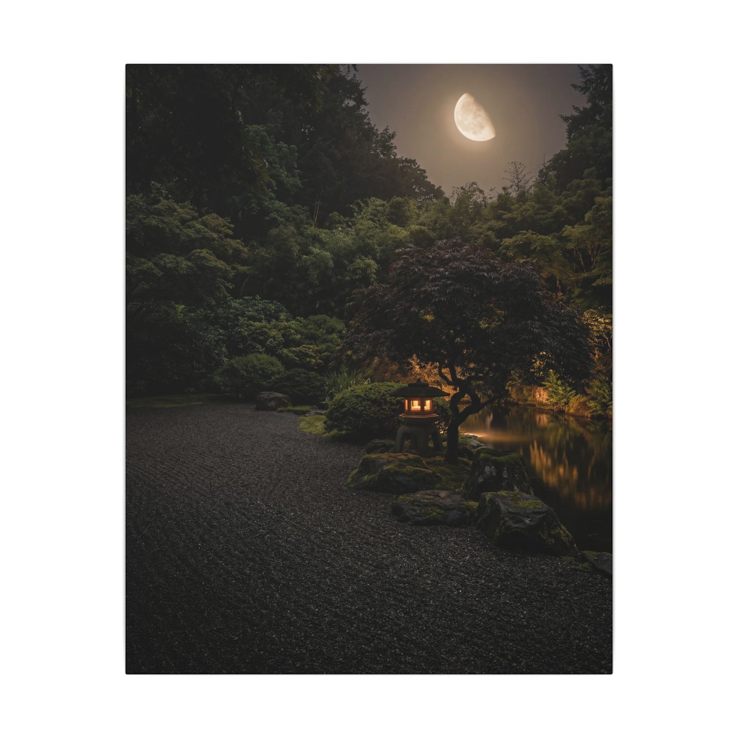 Dark Japandi Moonlit Garden in Golden Hour | Moody Minimal Canvas Art