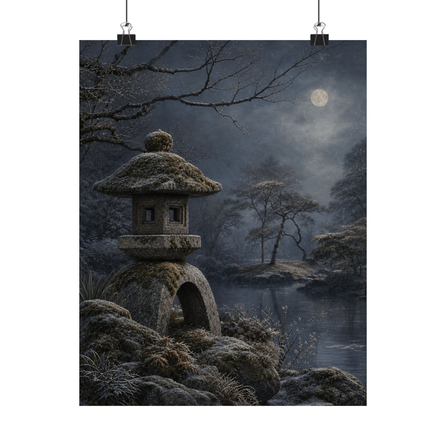 Winter Stone Lantern Japanese Pattern Wall Art Print | Earthy Decor