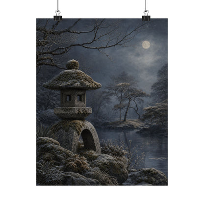 Winter Stone Lantern Japanese Pattern Wall Art Print | Earthy Decor