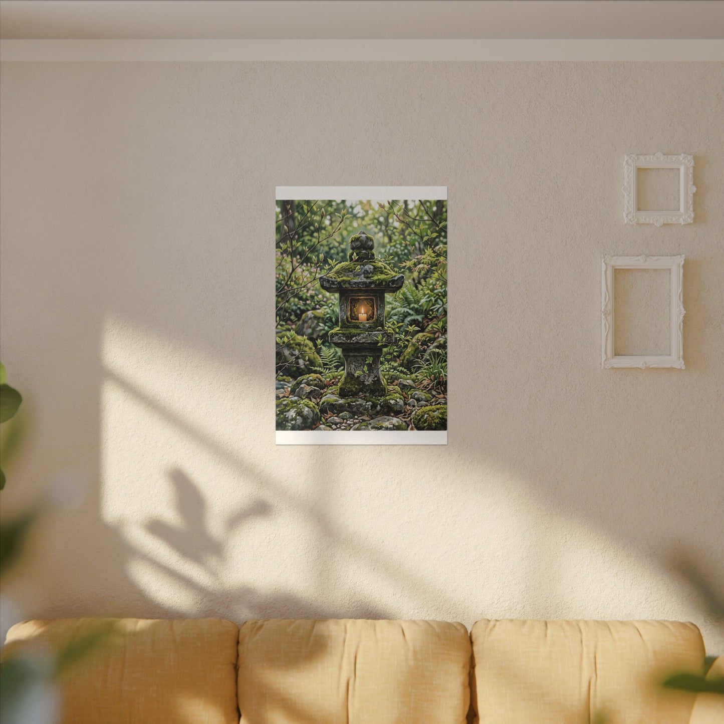 Neutral Stone Lantern Canvas Art - Japanese Pattern Japandi