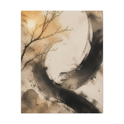 Japandi Ink Brushstroke in Golden Hour | Watercolor Canvas Art