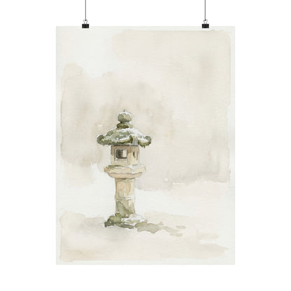 Japandi Stone Lantern in Overcast | Watercolor Wall Art Print Art Print