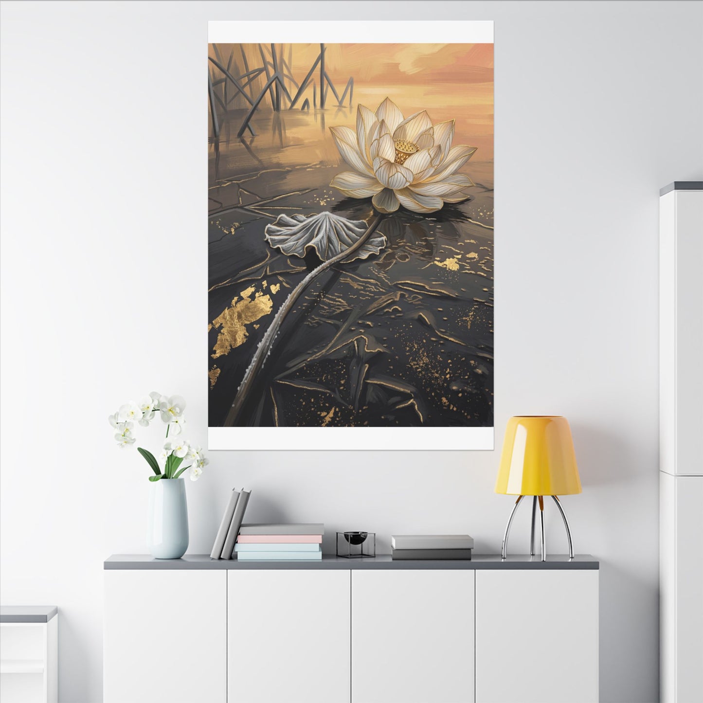 Kintsugi Lotus Flower in Golden Hour | Gold Vein Canvas Art