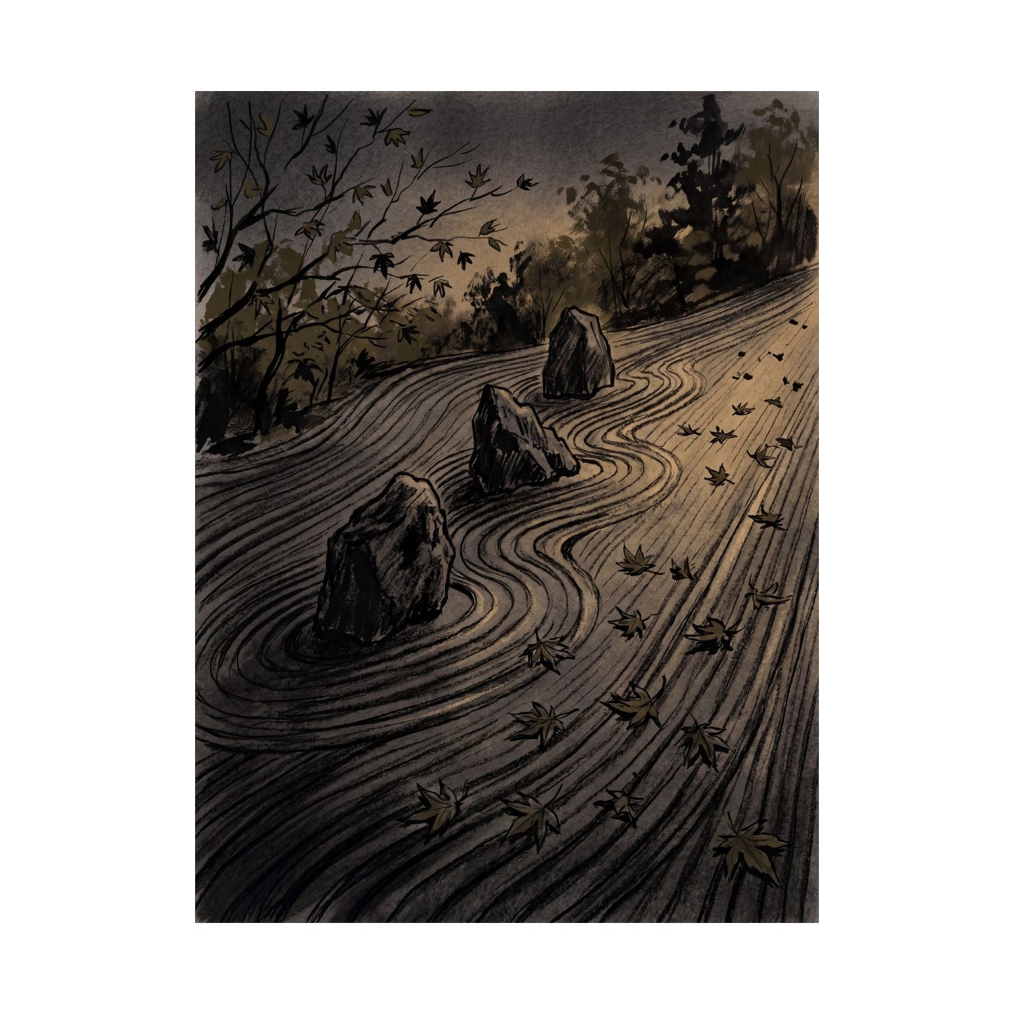 Rock Garden Autumn Wall Art Print | Dark Japandi Sophisticated Design