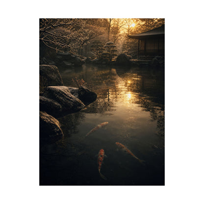 Dark Japandi Koi Pond in Golden Hour | Shadow Zen Wall Art Print