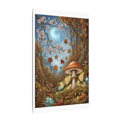 Autumn Cherry Blossom Mushroom Illustration Canvas Art | Enchanting Decor