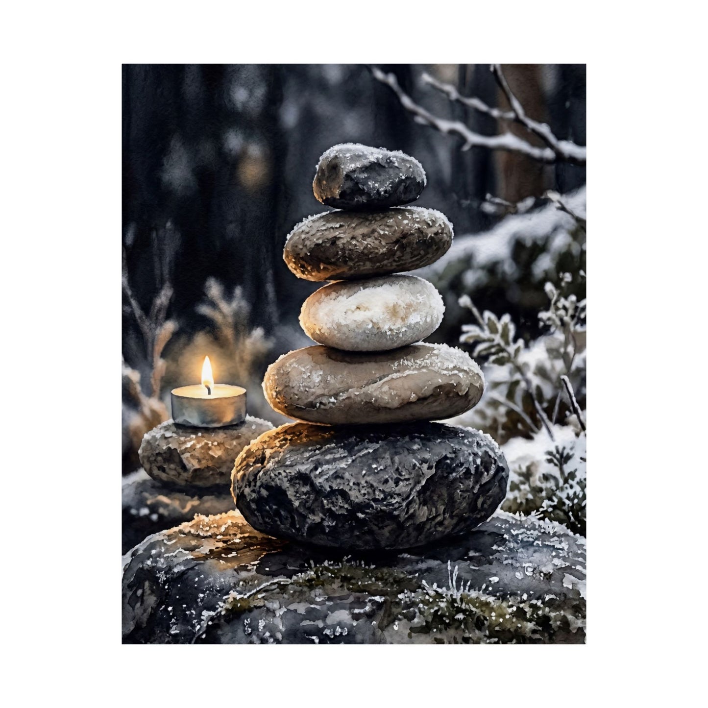 River Stones Wall Art Print | Winter Japandi Watercolor Art