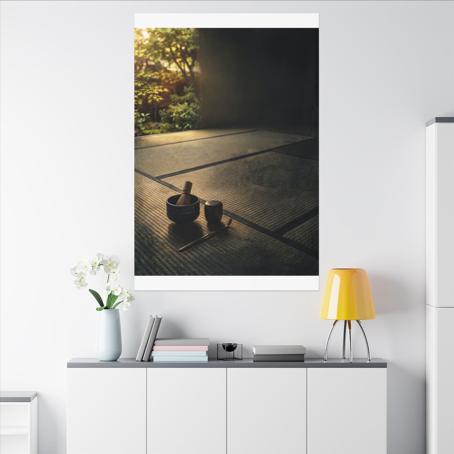 Dark Japandi Tea Ceremony in Golden Hour | Dark Texture Canvas Art