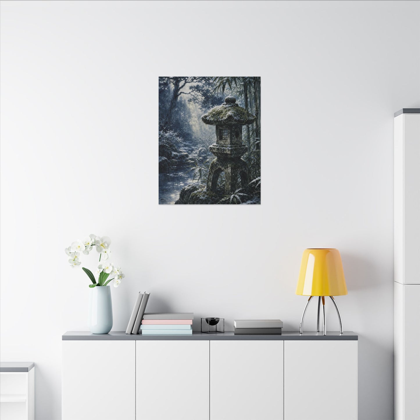 Zen Stone Lantern in Dappled | Sumi E Canvas Art