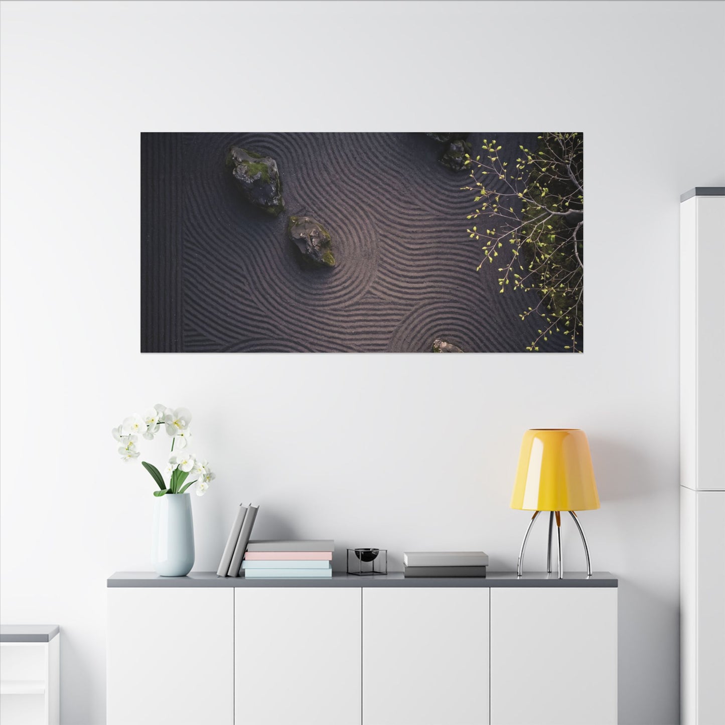 Dark Japandi Rock Garden in Dawn | Shadow Zen Canvas Art
