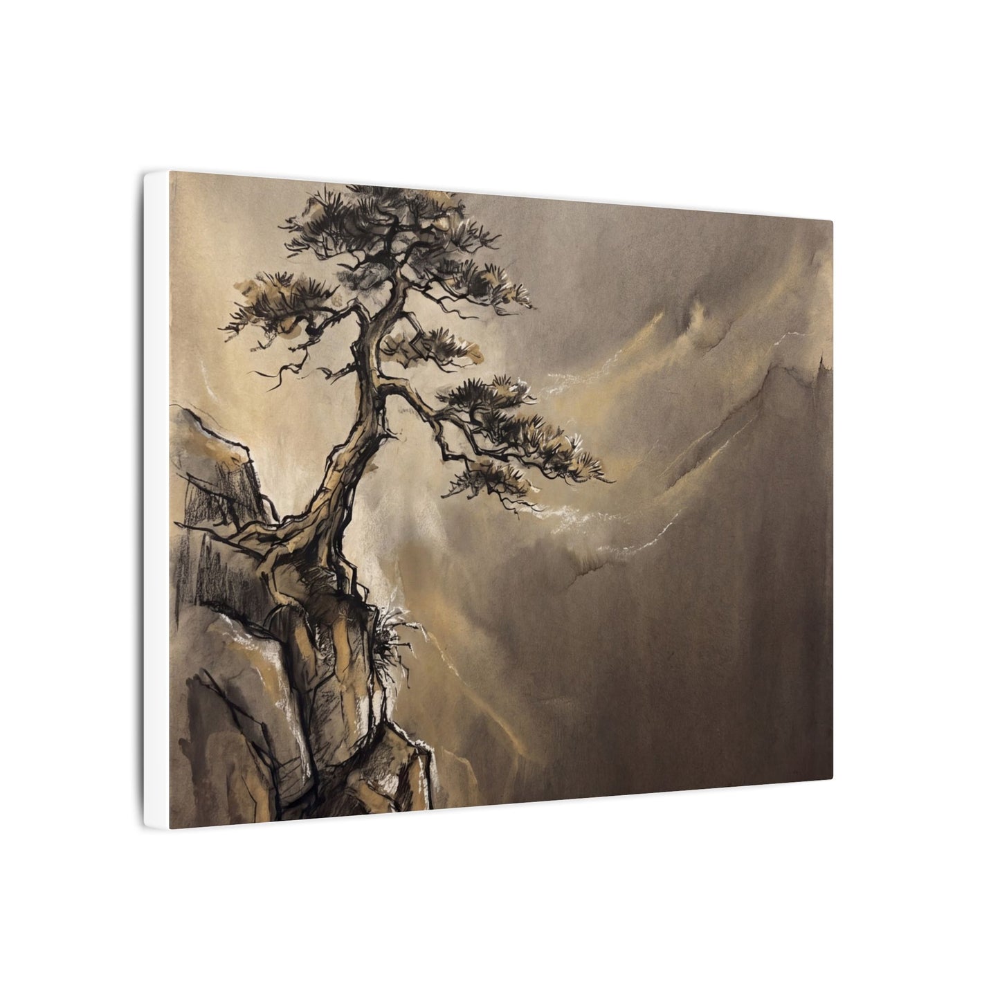 Pine Tree Charcoal Ink Canvas Art | Luxurious Dark Japandi Art