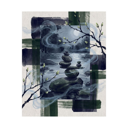 River Stones Wall Art Print | Spring Zen Sumi E Art