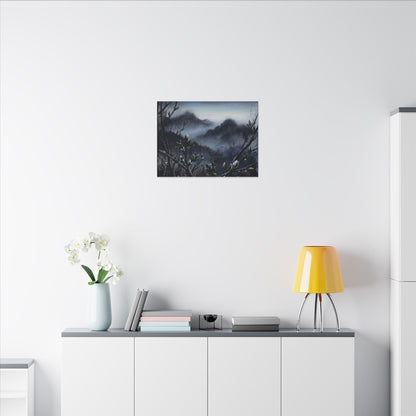 Mountain Mist Spring Canvas Art | Dark Japandi Atmospheric Design