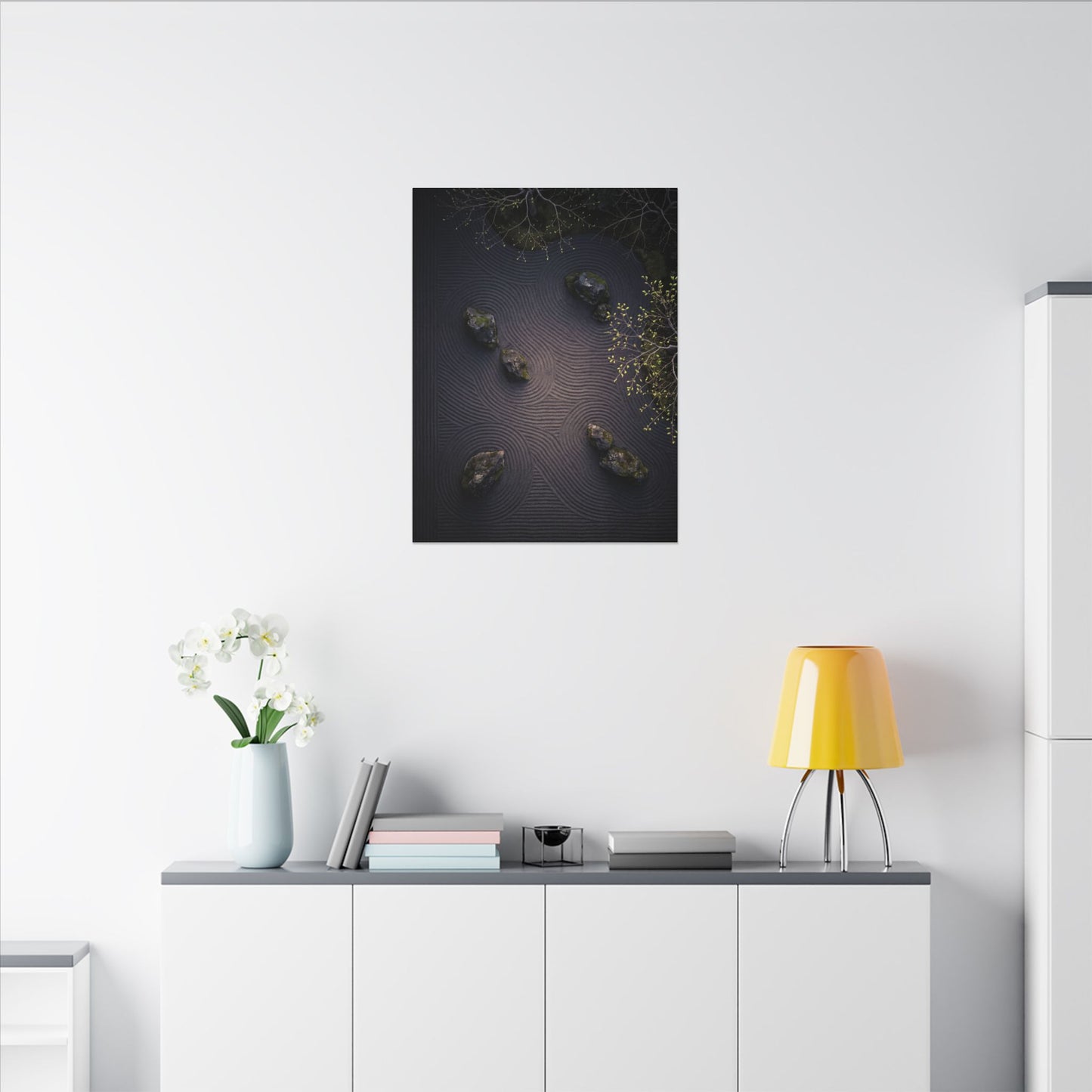 Dark Japandi Rock Garden in Dawn | Shadow Zen Canvas Art