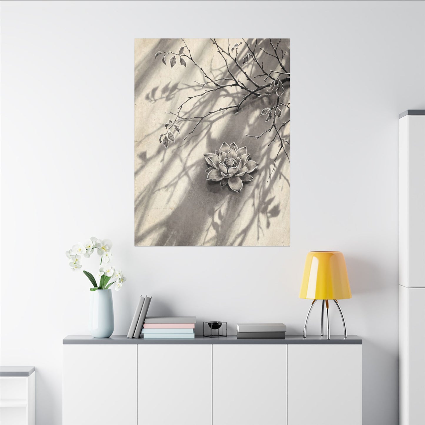 Winter Lotus Flower Sumi E Canvas Art | Contemplative Decor