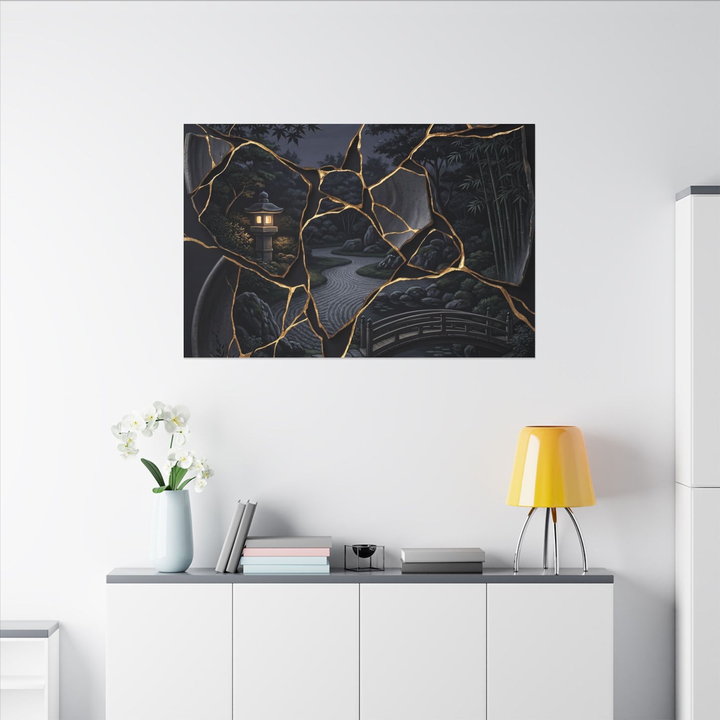 Kintsugi Moonlit Garden in Golden Hour | Gold Repair Canvas Art