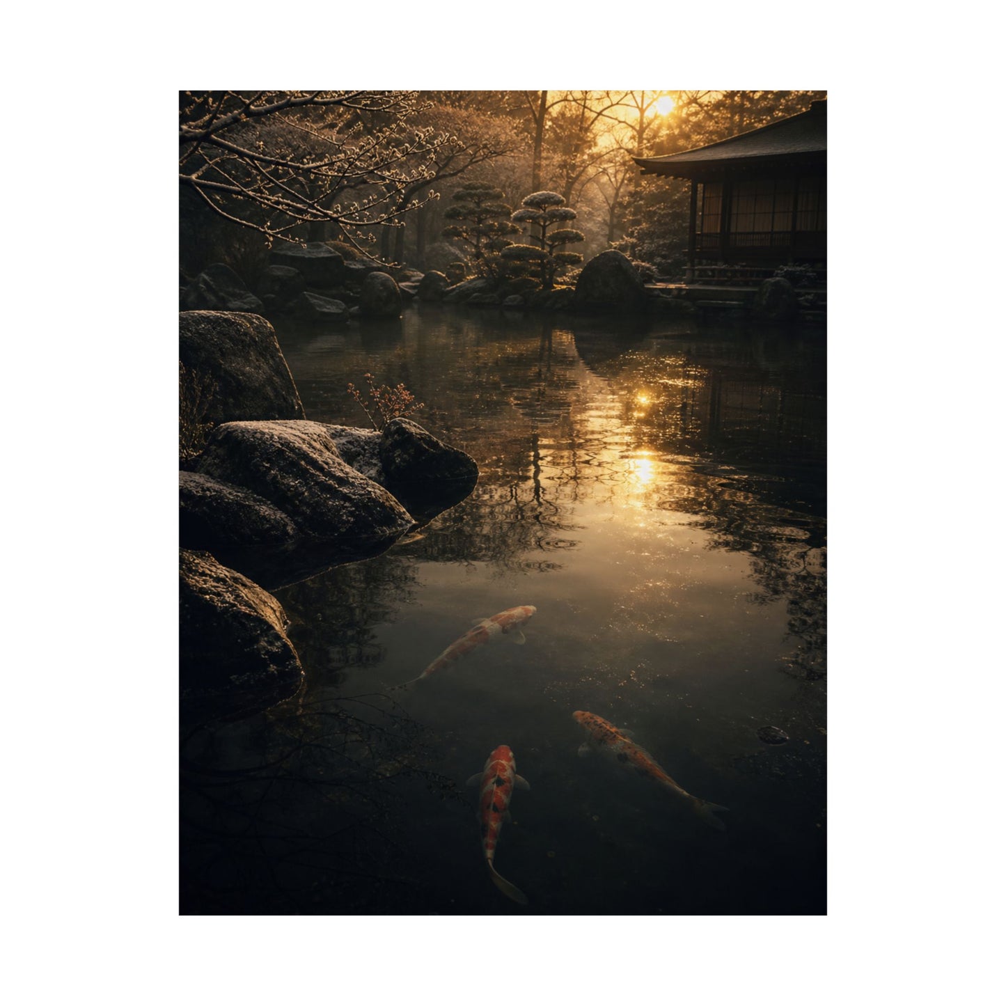 Dark Japandi Koi Pond in Golden Hour | Shadow Zen Wall Art Print