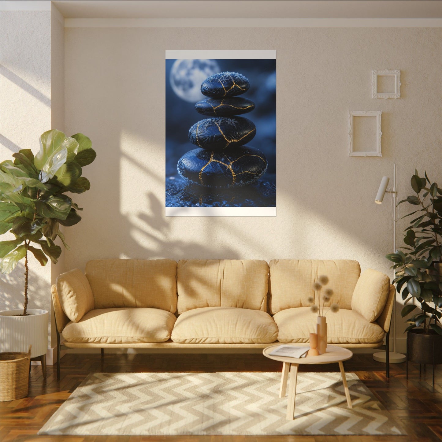 River Stones Canvas Art | Winter Kintsugi Gold Repair Art