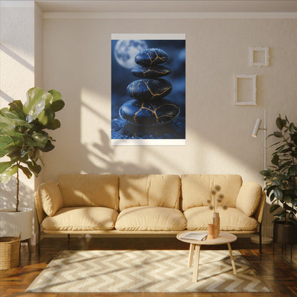 River Stones Canvas Art | Winter Kintsugi Gold Repair Art