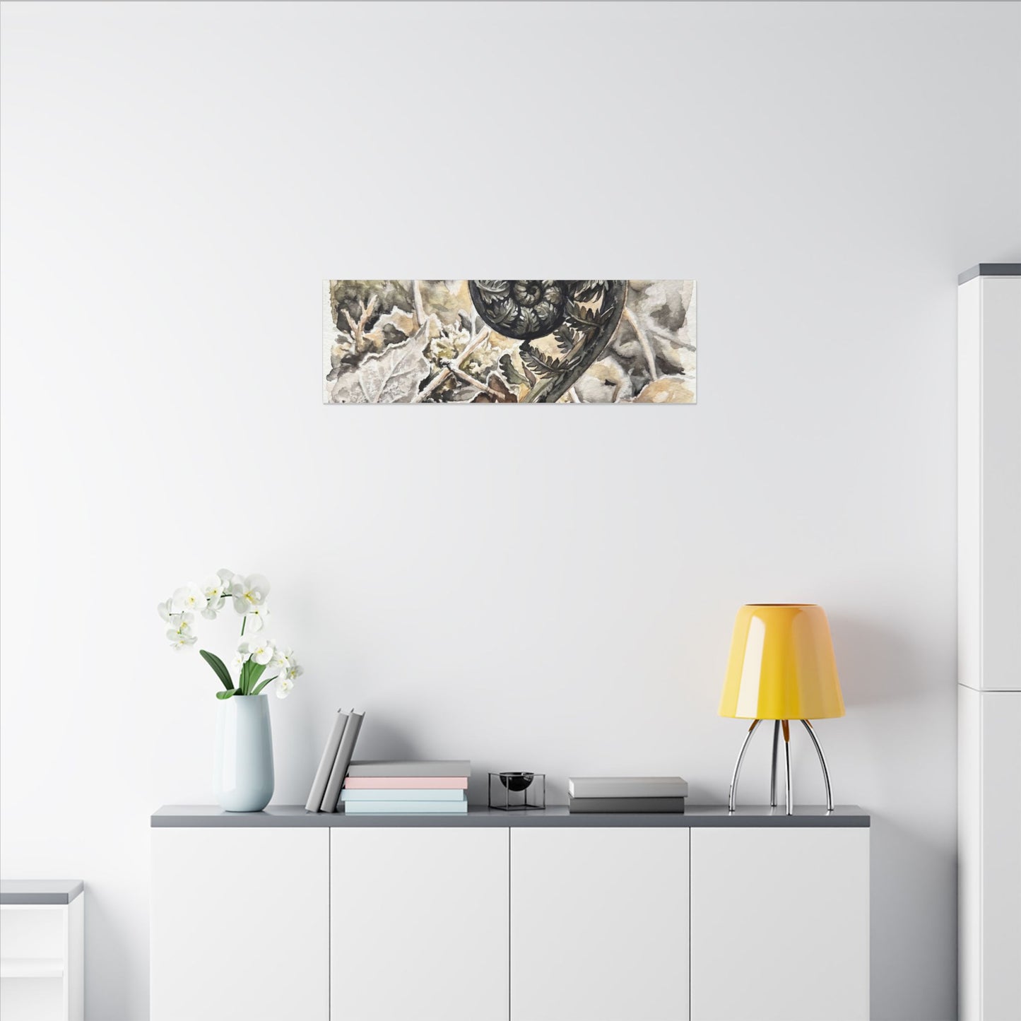 Japandi Fern Unfurling in Golden Hour | Watercolor Canvas Art