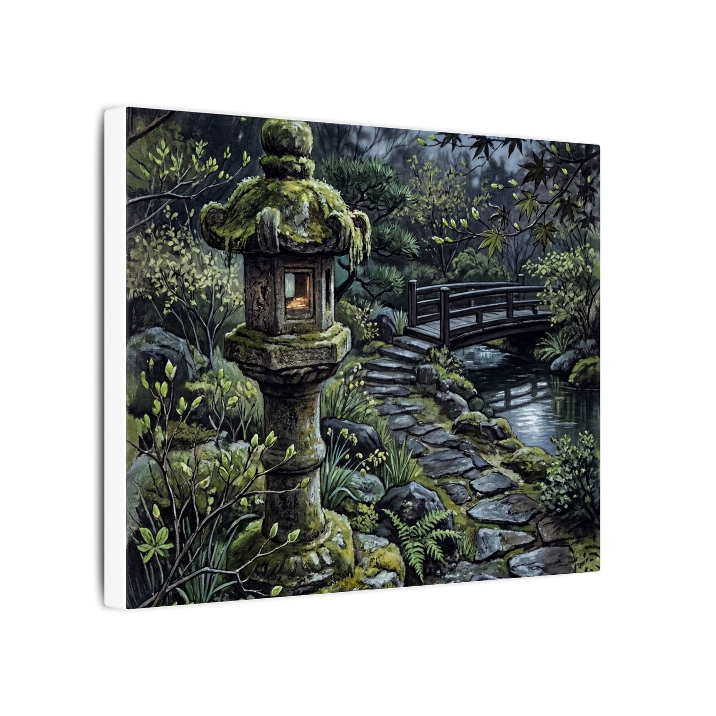 Japandi Stone Lantern in Moonlight | Texture Canvas Art