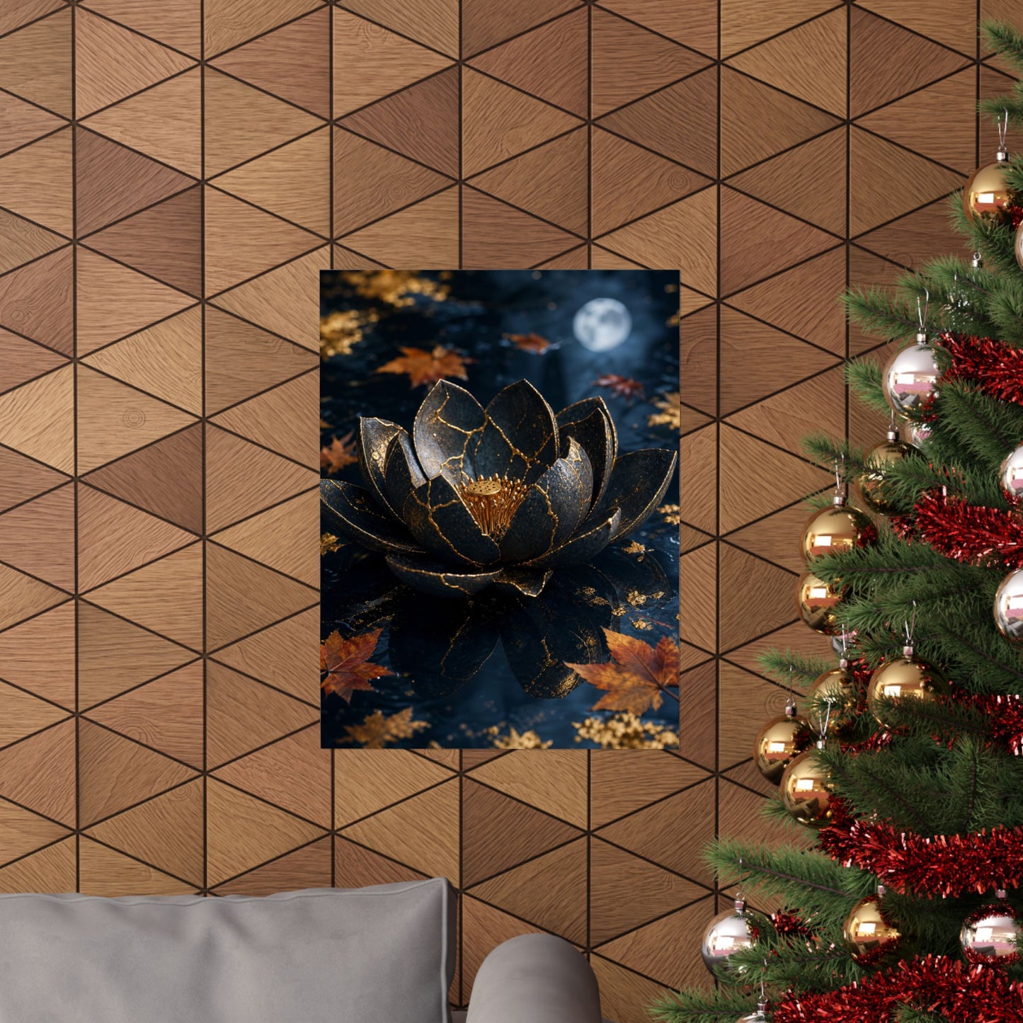 Kintsugi Lotus Flower in Moonlight | Gold Repair Wall Art Print