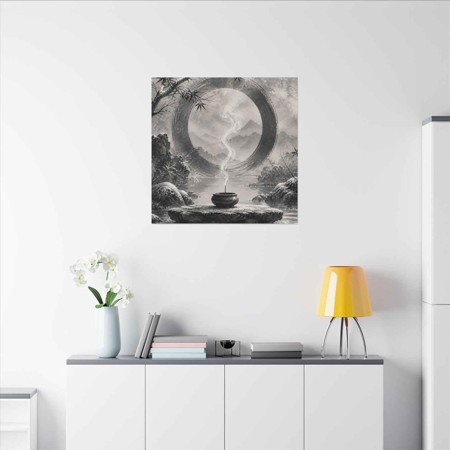 Incense Smoke Canvas Art | Winter Zen Sumi E Art
